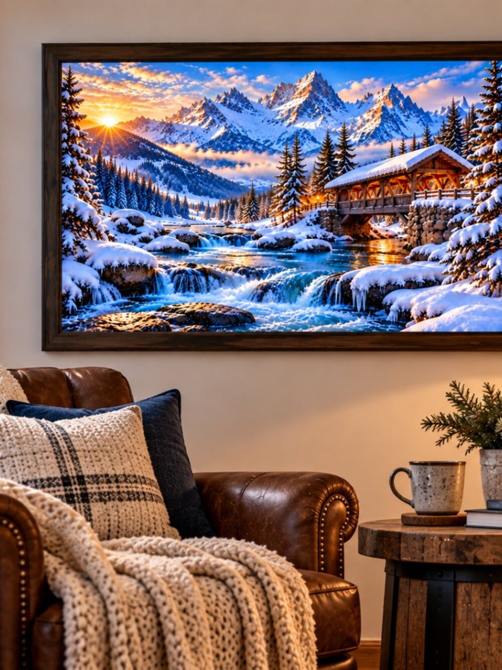 Winter Mountain Wall Art, Covered Bridge Snow Print - Picture 8 of 10